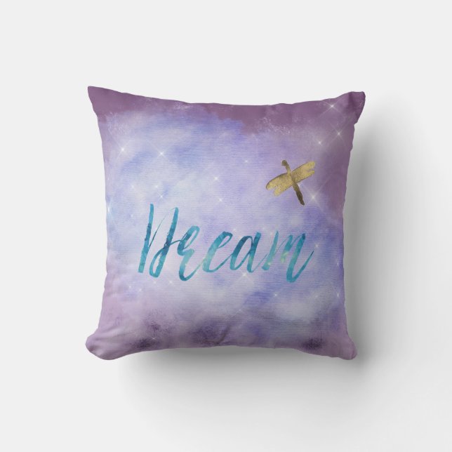 Purple Aqua Dream Gold Dragonfly Throw Pillow (Front)