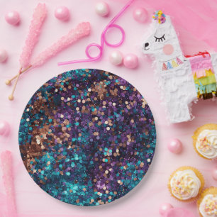Purple Aqua Glam Bronze Mermaid Sparkle Paper Plates
