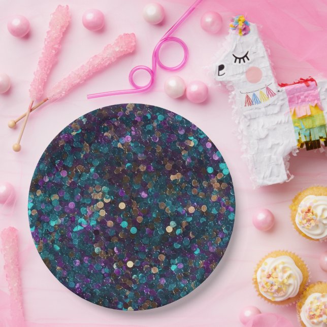 Purple Aqua Glam Gold Mermaid Sparkle Paper Plates (Party)