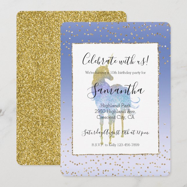 Purple Aqua Gold Glitter Unicorn Invitation (Front/Back)