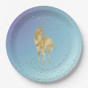 Purple Aqua Gold Sparkle Unicorn Paper Plates