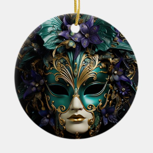 Purple Aqua Masquerade Masks Mardi Gras Drama Ceramic Ornament