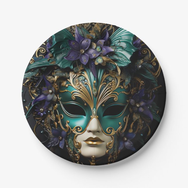 Purple Aqua Masquerade Masks Mardi Gras Drama Paper Plates (Front)