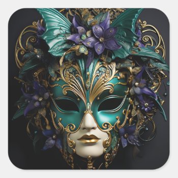 Purple Aqua Masquerade Masks Mardi Gras Drama Square Sticker by PrettyPatternsGifts at Zazzle