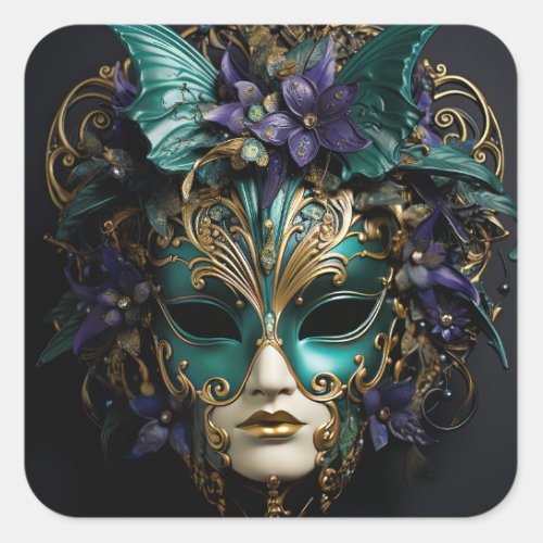 Purple Aqua Masquerade Masks Mardi Gras Drama Square Sticker