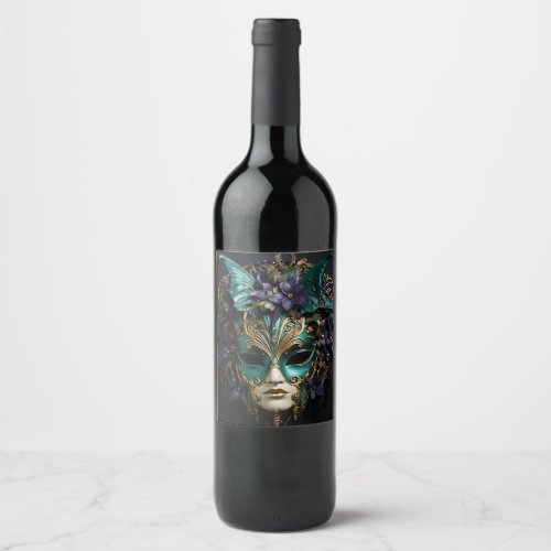 Purple Aqua Masquerade Masks Mardi Gras Drama Wine Label