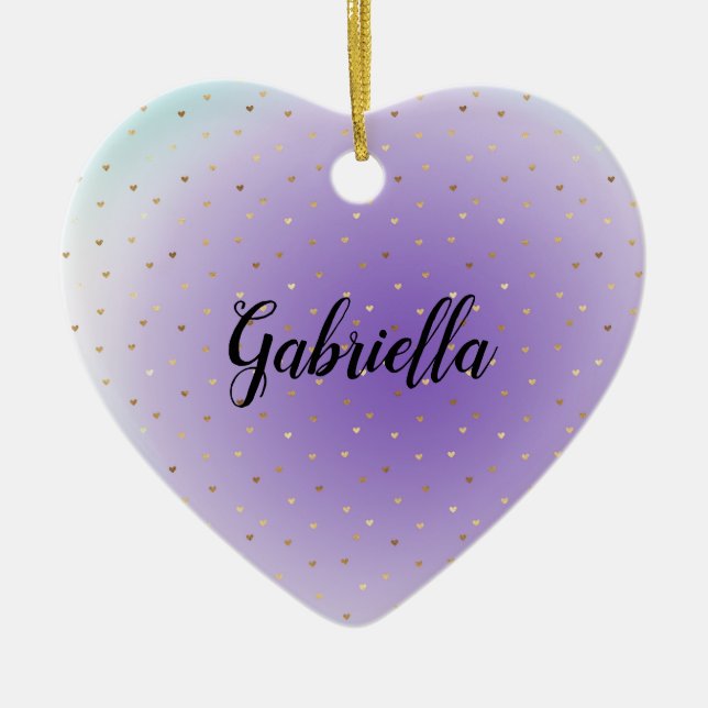 Purple Aqua Ombre Gold Hearts Ceramic Ornament (Front)