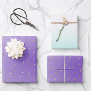 Purple Aqua Ombre Gold Hearts Love Wrapping Paper Sheets