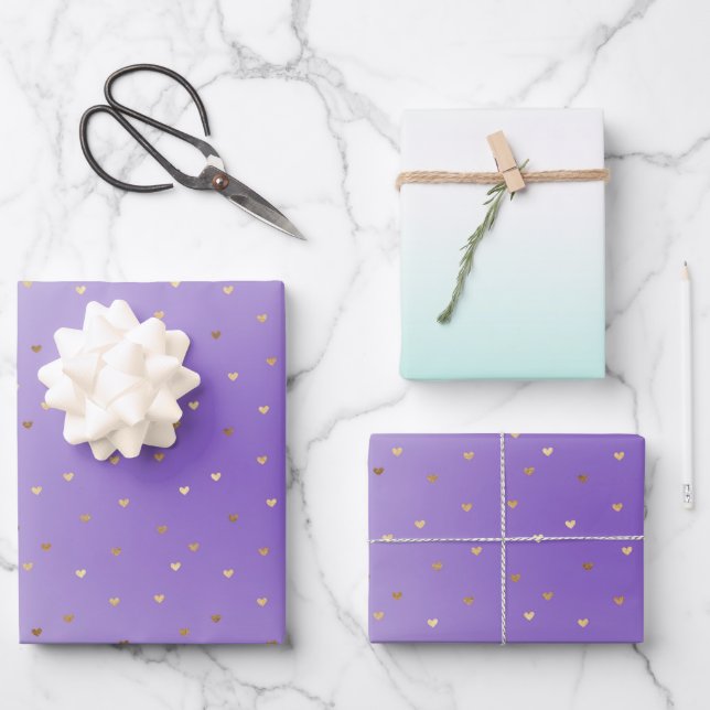 Purple Aqua Ombre Gold Hearts Love Wrapping Paper Sheets (Front)