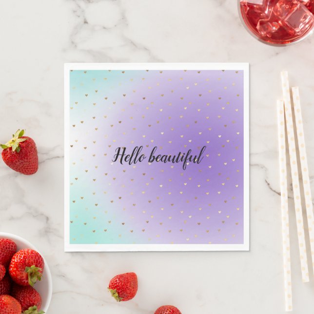 Purple Aqua Ombre Gold Hearts Napkins (Insitu)