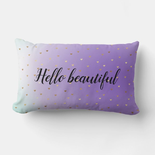 Purple Aqua Ombre Gold Hearts personalized Lumbar Pillow (Front)