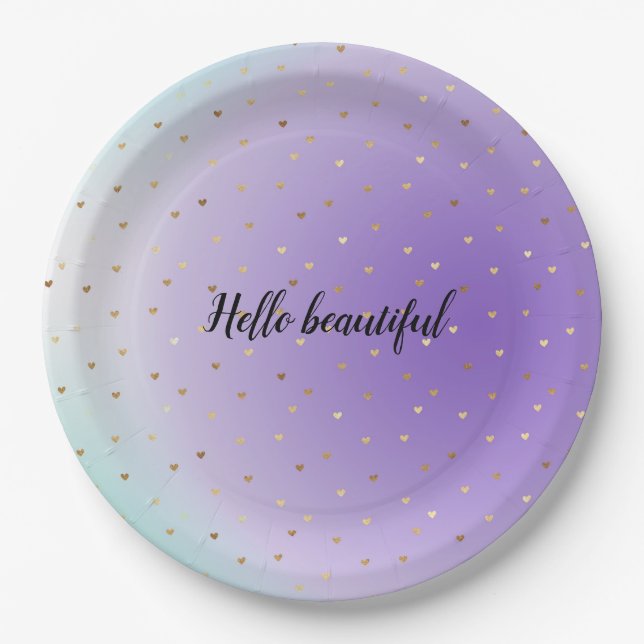 Purple Aqua Ombre Gold Hearts personalized Paper Plates (Front)