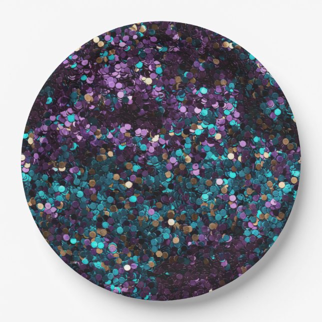 Purple Aqua Rose Gold Mermaid Confetti Paper Plates (Front)