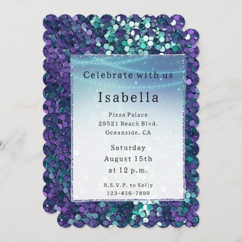 Purple Aqua Sparkle Glitzy Mermaid Birthday Invitation
