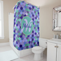 Purple &amp; Aqua Teal Mermaid Scales Monogram + Name Shower Curtain
