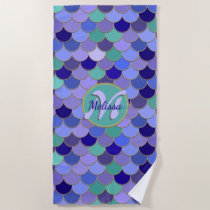 Purple &amp; Aqua Teal Mermaid Scales Name + Monogram Beach Towel