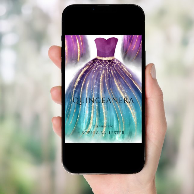 Purple Aqua Teal Ombre Mermaid Dress Quinceanera Invitation (Front Digital)