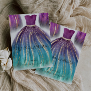 Purple Aqua Teal Ombre Mermaid Dress Quinceanera Invitation