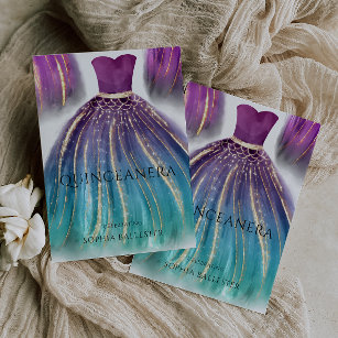 Purple Aqua Teal Ombre Mermaid Dress Quinceanera Invitation