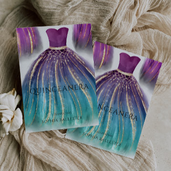 Purple Aqua Teal Ombre Mermaid Dress Quinceanera Invitation by Nicheandnest at Zazzle