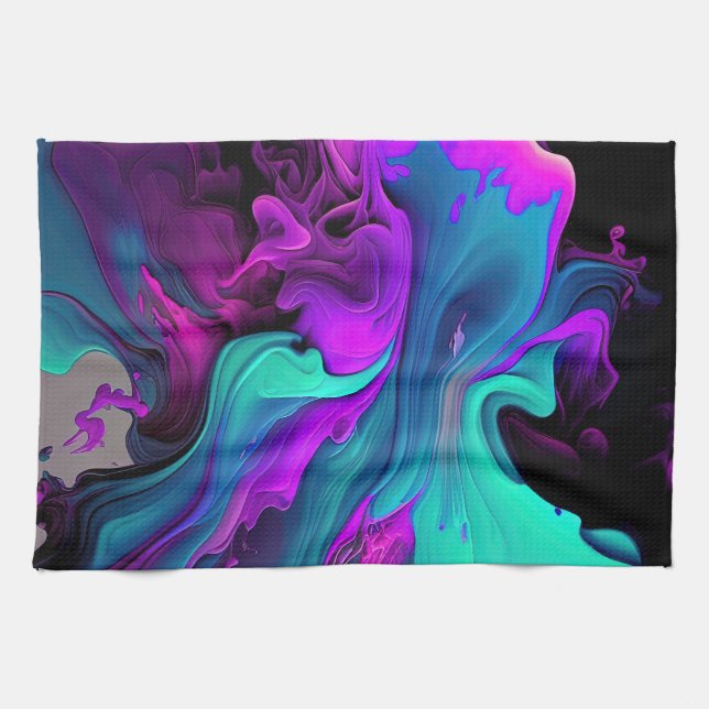Purple Aqua Turquoise Beautiful Abstract Fluid Art Kitchen Towel (Horizontal)