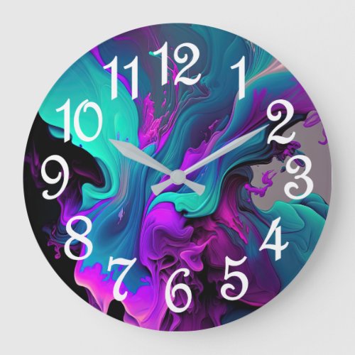 Purple Aqua Turquoise Beautiful Abstract Fluid Art Large Clock