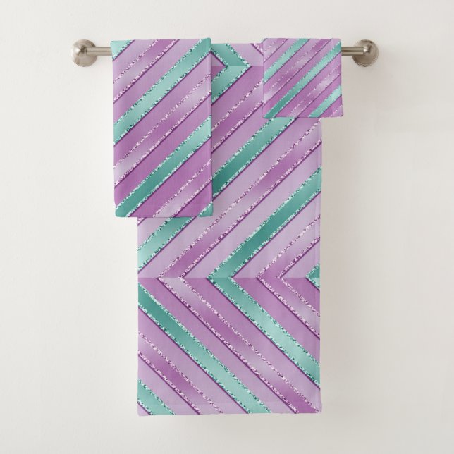 PURPLE & AQUA TURQUOISE DIAGNONAL STRIPES BATH TOWEL SET (Insitu)