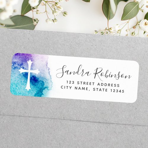 Purple aqua watercolor and cross baptism communion label