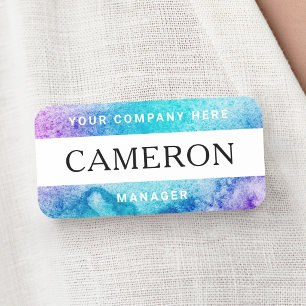 Purple aqua watercolor name, title and company name tag