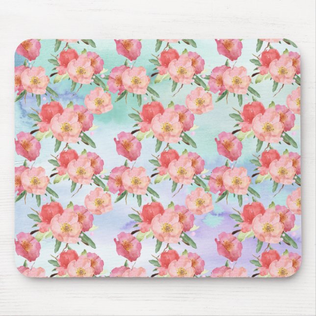 Purple Aqua Watercolor Pink Floral Mouse Pad (Front)