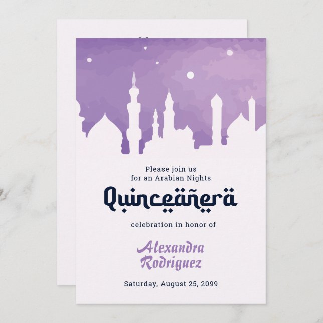 Purple Arabian Nights Watercolor Quinceañera Invitation (Front/Back)