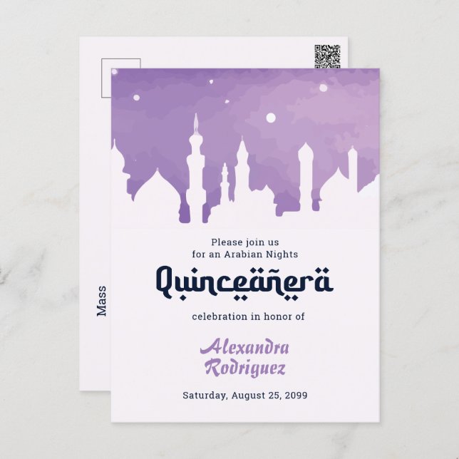 Purple Arabian Nights Watercolor Quinceañera Postcard (Front/Back)