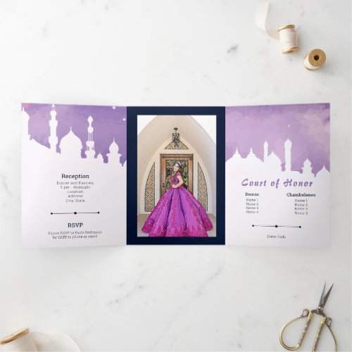 Purple Arabian Nights Watercolor Quinceaera Tri_F Tri_Fold Invitation