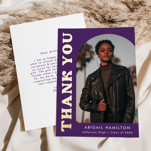 Purple Arch Photo Foil Graduation Thank You Card