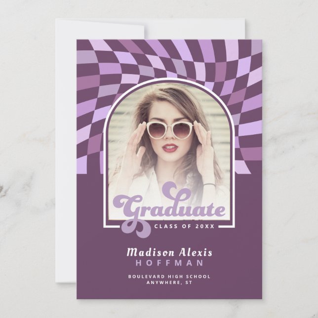 Purple Arch Warped Checkered Retro Graduation Announcement (Front)