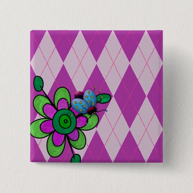 Purple Argyle Ladybug & Flower Pinback Button (Front)