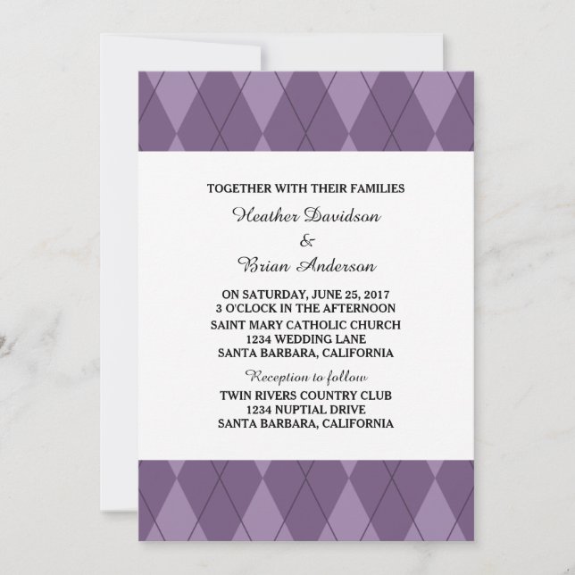 Purple Argyle Wedding Invite (Front)