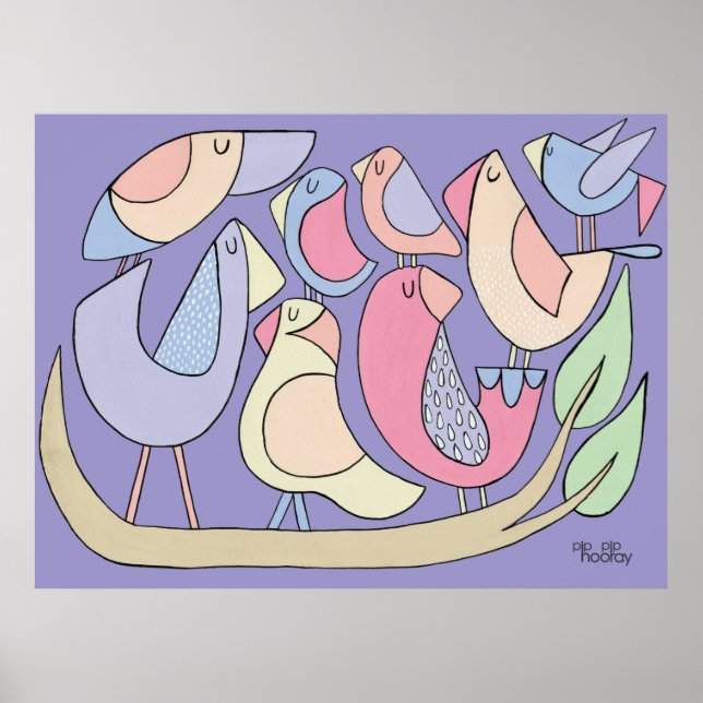 Purple Art Bird Branch Illustration Painting Poster (Front)