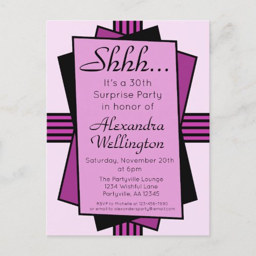 Purple Art Deco 30th Surprise Party Birthday Invitation Postcard