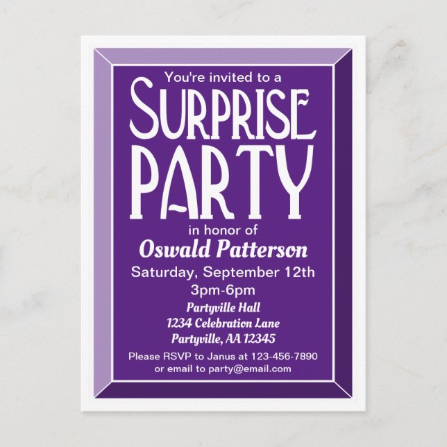 Purple Art Deco Beveled Birthday Surprise Party Invitation Postcard (Front)