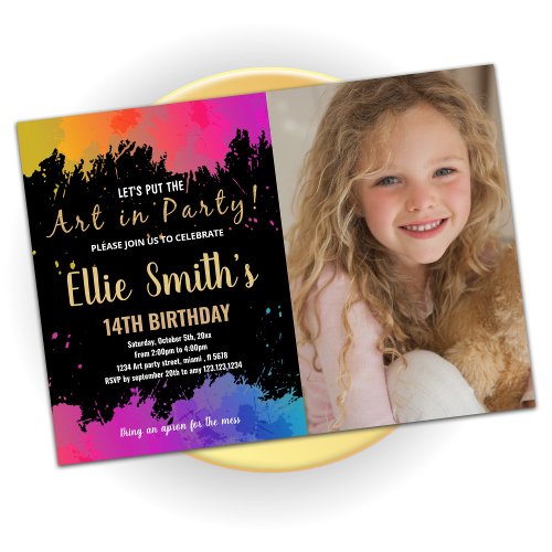 Purple Art in Party Paint Birthday with photo Invitation