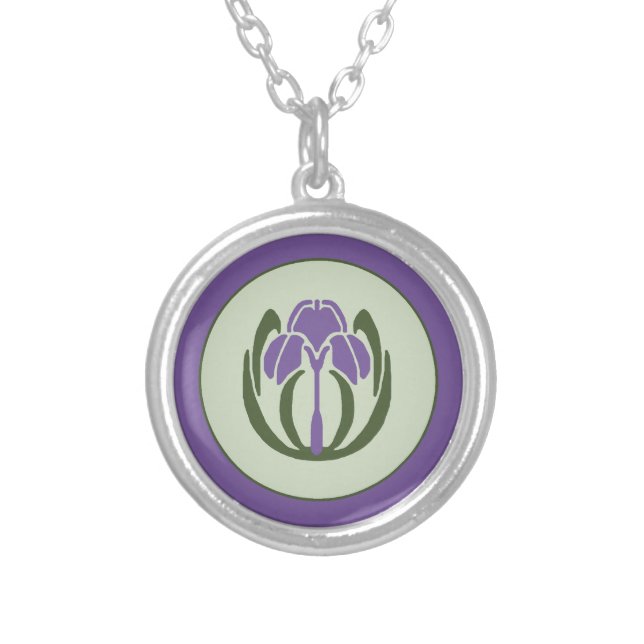 Purple Art Nouveau Iris Silver Plated Necklace (Front)