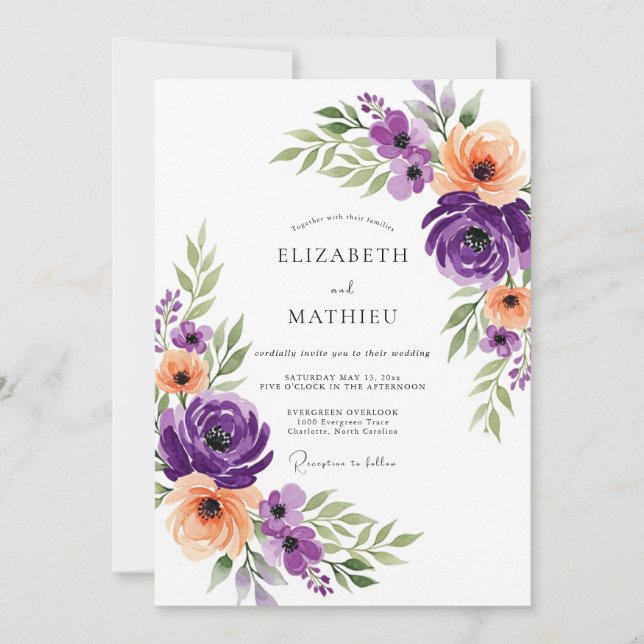 Purple Artful Botanical Wedding Invitation (Front)