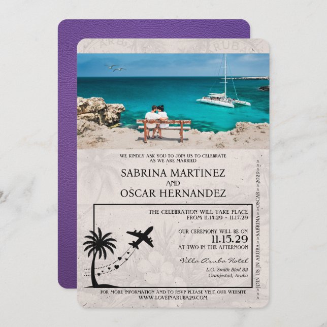 Purple Aruba Passport Wedding Invitation (Front/Back)