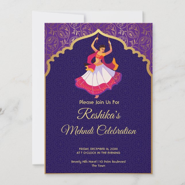 Purple Asian Arabian golden pattern border Mehndi  Holiday Card (Front)