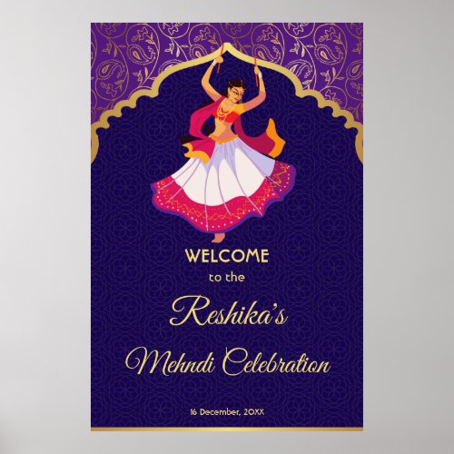 Purple Asian Arabian golden pattern border Mehndi  Poster