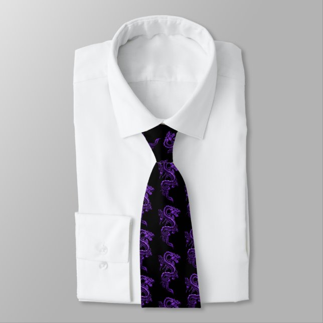Purple Asian Dragons  Neck Tie (Tied)