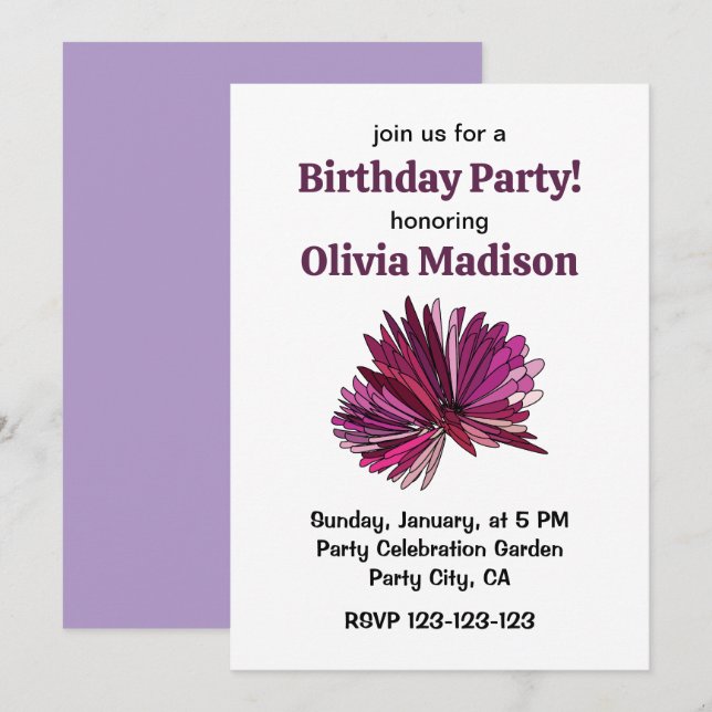 Purple Aster Flower Floral Birthday Party Invitation (Front/Back)
