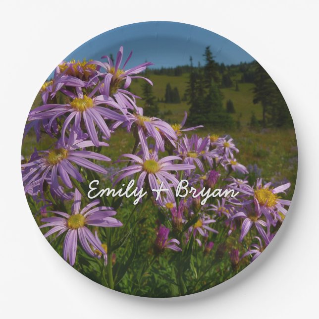 Purple Aster Flowers at Mount Rainier Paper Plates (Front)
