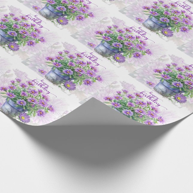 Purple Aster Flowers in a Pot Happy Birthday Wrapping Paper (Corner)